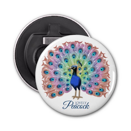 Aangepast kleurig pacock button flesopener (Voorkant)