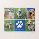 Aangepast koppelingspet voor foto's van Dog Afdruk Legpuzzel<br><div class="desc">Deze prachtige douane-hondenfoto-collage puzzel is gepersonaliseerd met schattige afbeeldingen van je zoete pup. Pas dit geschenk aan met je favoriete vijf huisfoto's rond een schattig blauw vierkant met een  witte pootdruk en de naam van je hond in het midden.</div>
