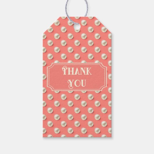 Aangepast koraalrood bedankcadeauticket met parel cadeaulabel (Voorkant)
