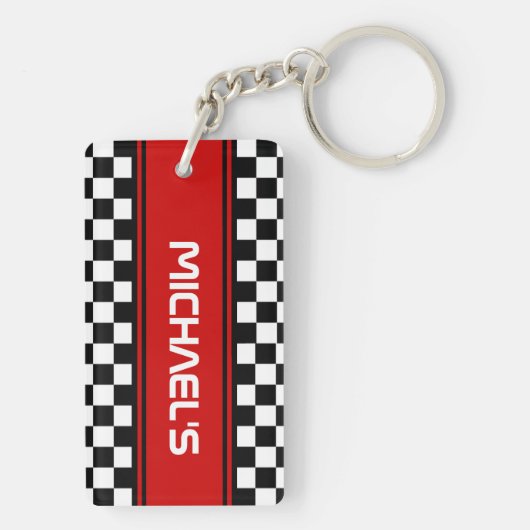 Aangepast label voor zwart-wit gecheckt laderpatro sleutelhanger (achterkant)