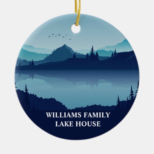 Aangepast lagehuis met blauw kerstfeest keramisch ornament (Voorkant)