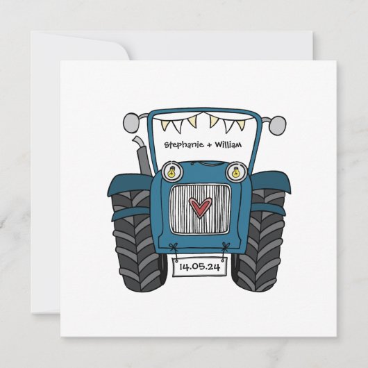 Aangepast land bruiloft blauwe tractor uitnodiging (Voorkant)