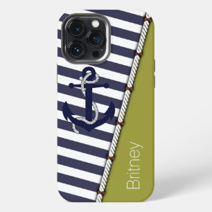 Aangepast leuk marineblauw witte streep donkergroe iPhone 13 pro max hoesje