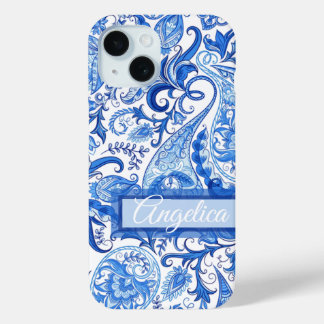 Aangepast Licht Donkerblauw Wit Paisley Art Patter iPhone 15 Case