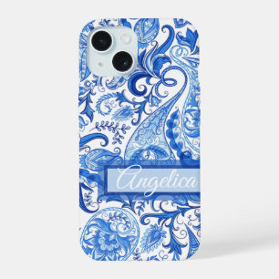 Aangepast Licht Donkerblauw Wit Paisley Art Patter iPhone 15 Case