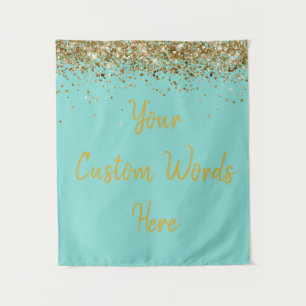 Aangepast licht turquoise blauw & goud verjaardags wandkleed