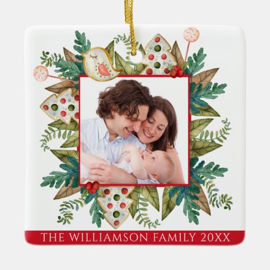 Aangepast Lijst Foto Greenery en Holiday Cookies Keramisch Ornament (Voorkant)