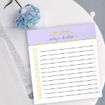 Aangepast Lila en goud om een checklist voor aanbi Notitieblok<br><div class="desc">Eenvoudig en elegant om lijst te doen, in trendy lila en goud. De sjabloon is ingesteld om de checklist aan te passen aan de jouw naam en u kunt de titel ook aanpassen. Op dit moment wordt de tekst "vandaag staat om een lijst te maken" als u dat wenst. Het...</div>