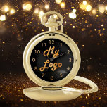 Aangepast logo afbeelding zwart achtergrondgoud zakhorloge<br><div class="desc">Voeg je eigen zakelijke logo toe aan dit horloge. Zwarte achtergrond. Ideaal om uw bedrijf en merk te promoten. Faux gouden klokkengetallen.</div>