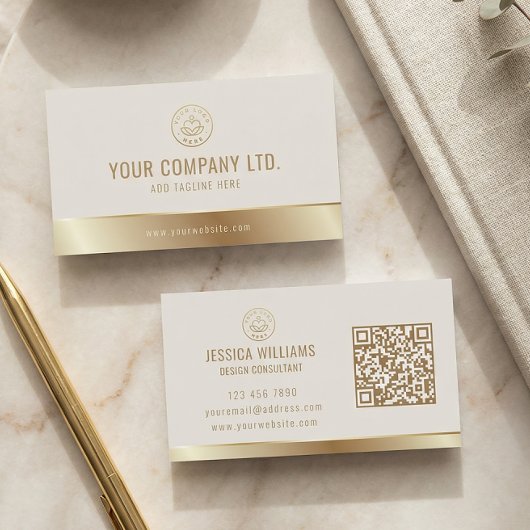 Aangepast logo Elegant Beige Goud QR-code Visitekaartje