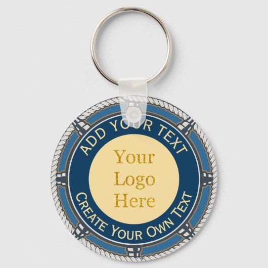 Aangepast logo Middenblauw en Goud Scheepstouw Sleutelhanger (Voorkant)