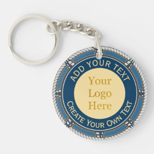 Aangepast logo Middenblauw en Goud Scheepstouw Sleutelhanger