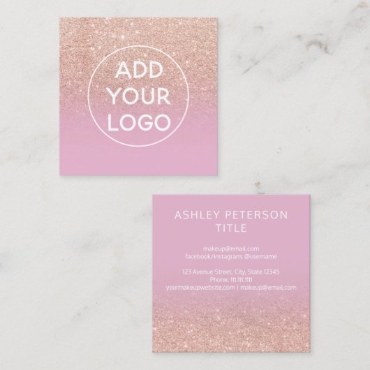 Aangepast logo modern roos glitter lila ombre vierkante visitekaartje (Voorkant / Achterkant)