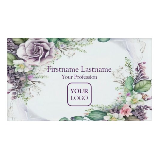 Aangepast Logo Paarse Floral Green Foliage Rustige Naambadge (Voorkant)