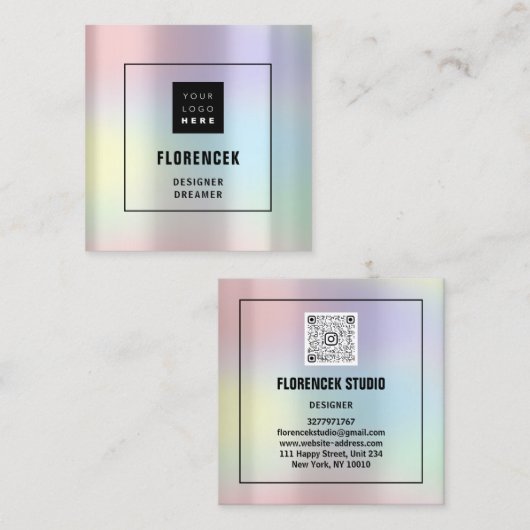 Aangepast Logo QR CODE Holografisch Roze Vierkante Visitekaartje (Voorkant / Achterkant)