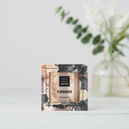 Aangepast Logo QR CODE Roos Gold Lijst Floral Eleg Vierkante Visitekaartje (Staand voorkant)