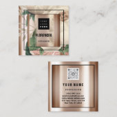 Aangepast Logo QR CODE Roos Gold Lijst Floral Gree Vierkante Visitekaartje (Voorkant / Achterkant)