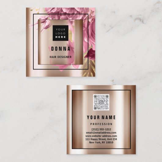 Aangepast Logo QR CODE Roos Gold Lijst Roze Vierkante Visitekaartje (Voorkant / Achterkant)