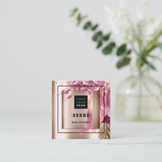 Aangepast Logo QR CODE Roos Gold Lijst Roze Vierkante Visitekaartje (Staand voorkant)