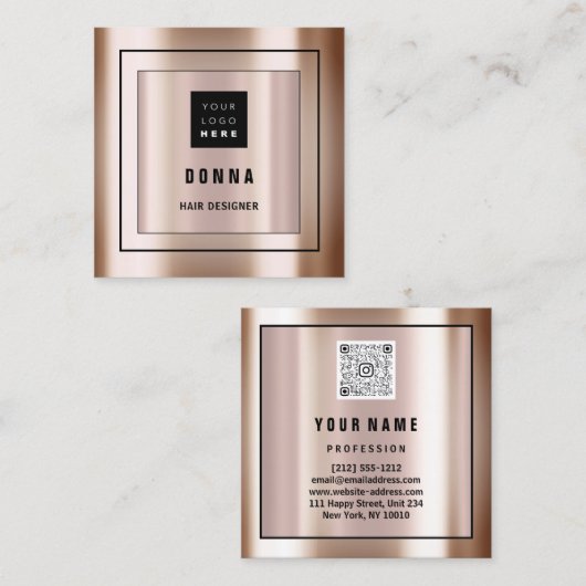 Aangepast Logo QR CODE Roos Gold omhuld kostuum Vierkante Visitekaartje (Voorkant / Achterkant)