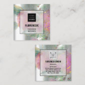 Aangepast Logo QR CODE Silver Grey Green Floral Li Vierkante Visitekaartje (Voorkant / Achterkant)