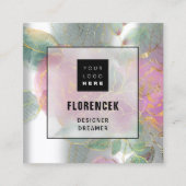 Aangepast Logo QR CODE Silver Grey Green Floral Li Vierkante Visitekaartje (Voorkant)