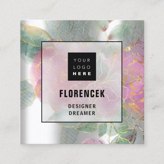 Aangepast Logo QR CODE Silver Grey Green Floral Li Vierkante Visitekaartje (Voorkant)
