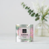 Aangepast Logo QR CODE Silver Grey Green Floral Li Vierkante Visitekaartje (Staand voorkant)