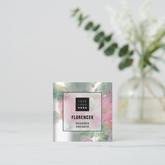 Aangepast Logo QR CODE Silver Grey Green Floral Li Vierkante Visitekaartje (Staand voorkant)