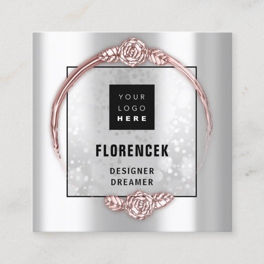Aangepast Logo QR CODE Silver Grey Roos Lijst Vierkante Visitekaartje (Voorkant)