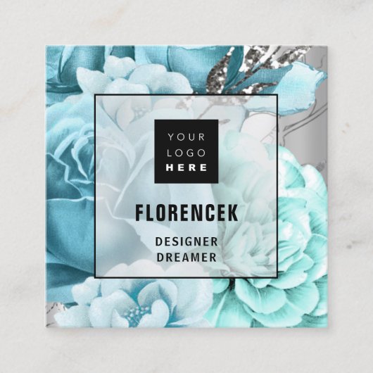Aangepast Logo QR-CODE Zilvergrijs Floral Aqua Blu Vierkante Visitekaartje (Voorkant)