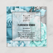 Aangepast Logo QR-CODE Zilvergrijs Floral Aqua Blu Vierkante Visitekaartje (Achterkant)