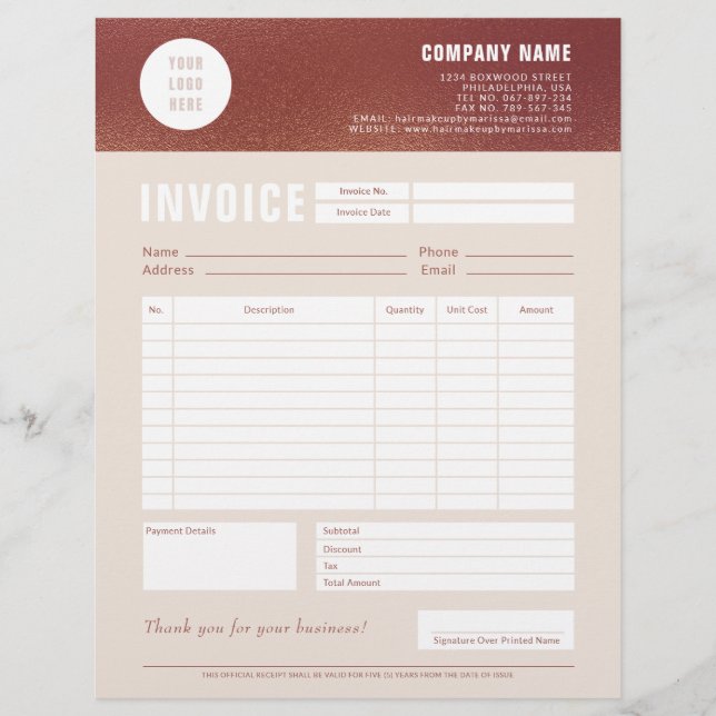 Aangepast Logo Roos Gold Foil Factuurformulier Briefhoofd (Voorkant)