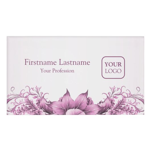 Aangepast Logo roze bloemen Lijst Elegant Modern Naambadge (Voorkant)