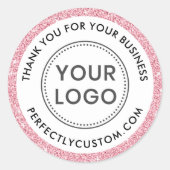 Aangepast logo roze glitter border business bedank ronde sticker (Voorkant)