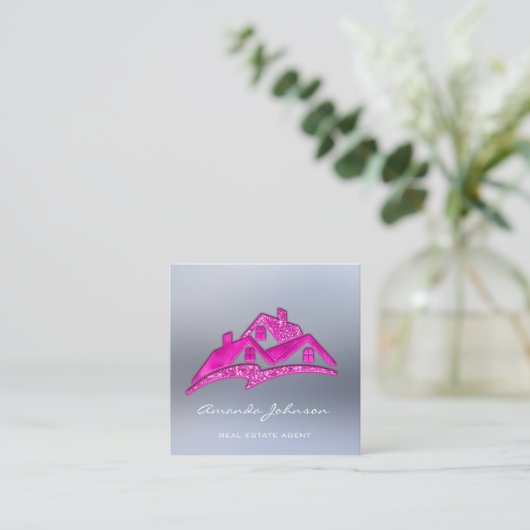 Aangepast Logo voor Estate Agent Home Pink Vierkante Visitekaartje (Staand voorkant)