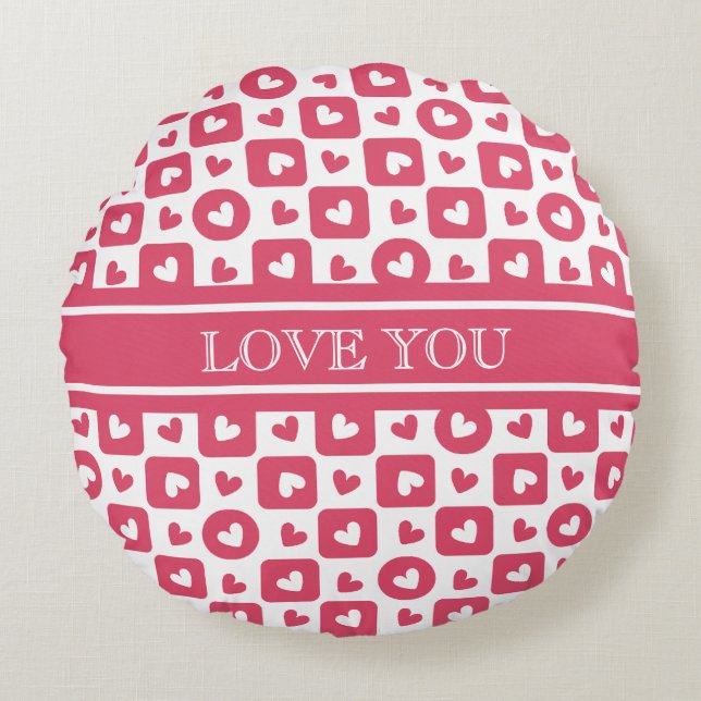 Aangepast "Love You" Roze Geruit Hart Rond Kussen (Voorkant)
