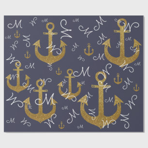 aangepast M-initiaal - gouden ankers nautisch Cadeaupapier