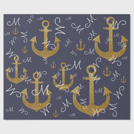 aangepast M-initiaal - gouden ankers nautisch Cadeaupapier (Vlak)