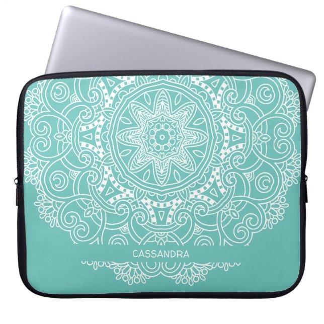 aangepast Mandala Art Pattern voor licht Blauwgroe Laptop Sleeve (Voorkant)