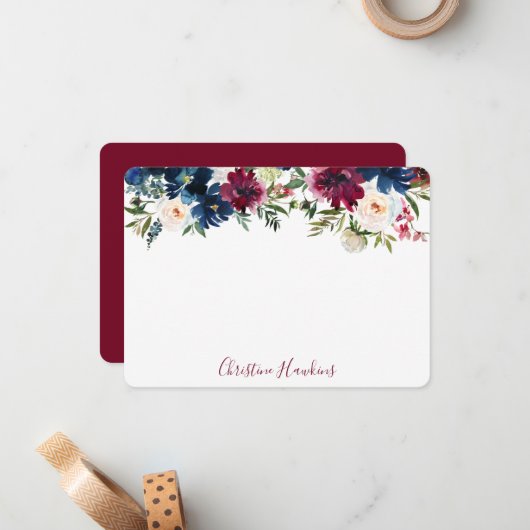 Aangepast Matig Waterverf Floral Wine Blue Notitiekaartje (Voorkant / Achterkant in situ)