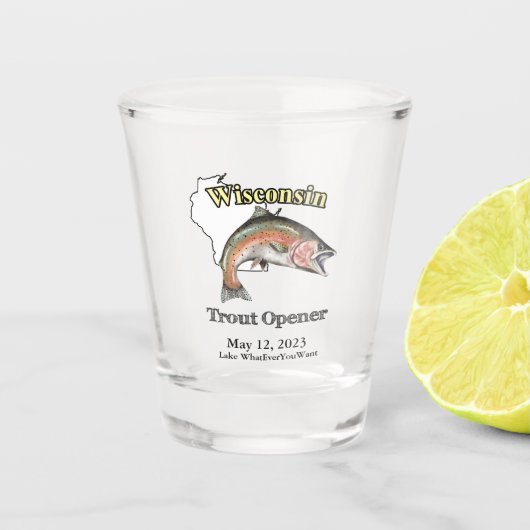 Aangepast meer/Datum Wisconsin Trout Opener Shot Glas (Voorkant)
