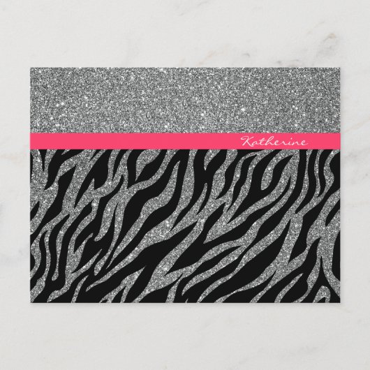 Aangepast meisje Glitter Silver Pink Zebra Glam Na Briefkaart (Voorkant)