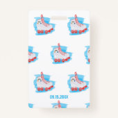 Aangepast meisje met draagtas op feestdag, rolblok badge (Achterkant)