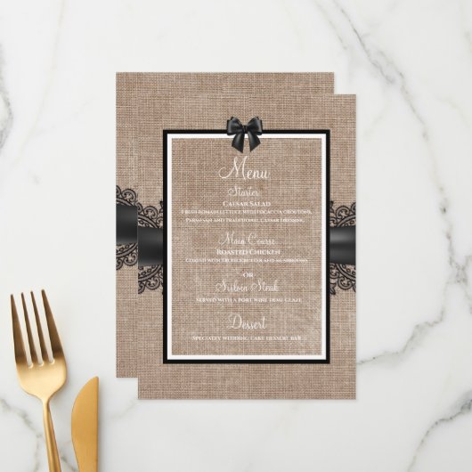 Aangepast menu voor Burlap, Linen en lace bruiloft (Voorkant / Achterkant in situ)