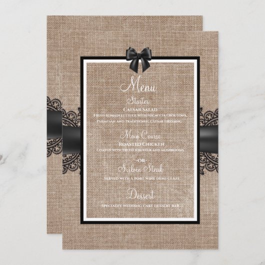 Aangepast menu voor Burlap, Linen en lace bruiloft (Voorkant / Achterkant)