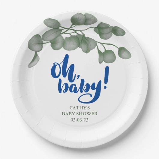 Aangepast merk Greenery Oh Baby | BABY SHOWER Papieren Bordje (Voorkant)