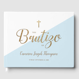 Aangepast modern blauw goud Cross Baby Bautizo Gastenboek