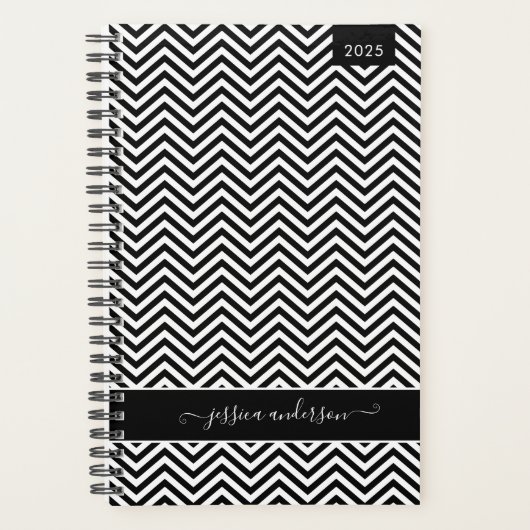 Aangepast modern Chevron Zigzag Black Girly Script Planner (Voorkant)