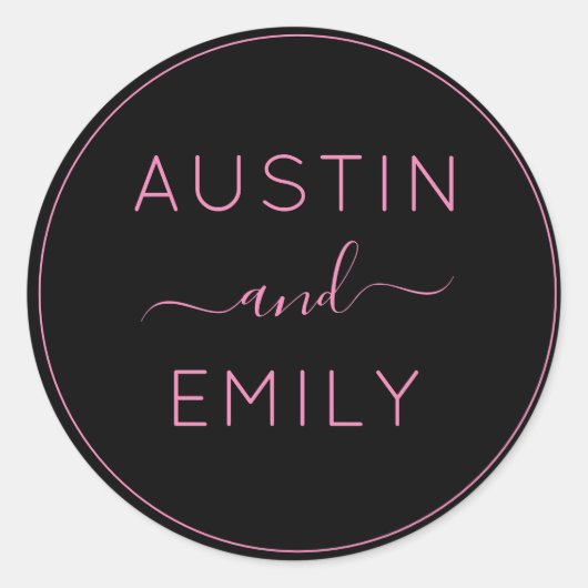 Aangepast modern roze zwart huwelijk ronde sticker (Voorkant)